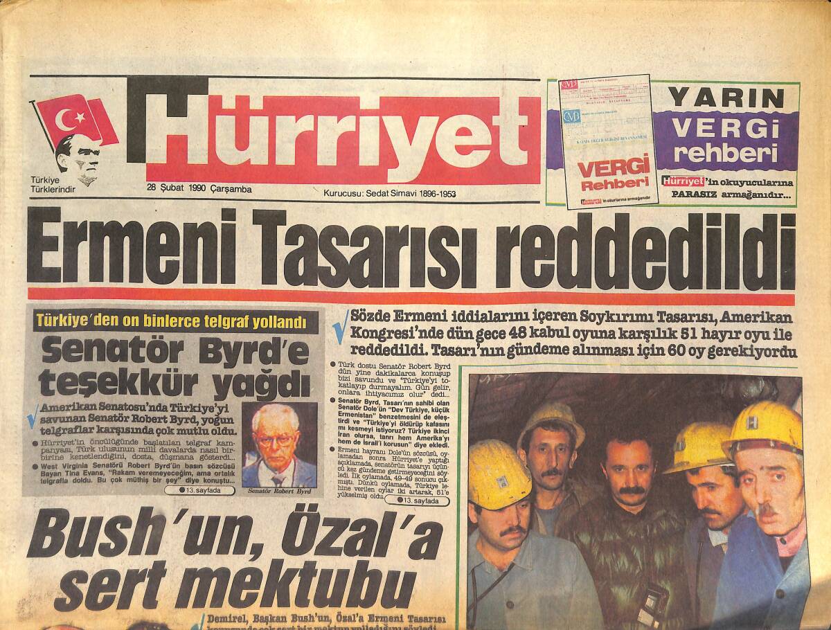 Hürriyet Gazetesi 28 Şubat 1990 - Ermeni Tasarısı Reddedildi - Bush'un Özal'a Sert Mektubu - Müjde Ar Misafir Sanatçı GZ133433 - 1