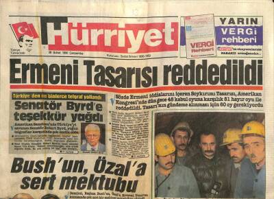 Hürriyet Gazetesi 28 Şubat 1990 - Ermeni Tasarısı Reddedildi GZ109742 - 1
