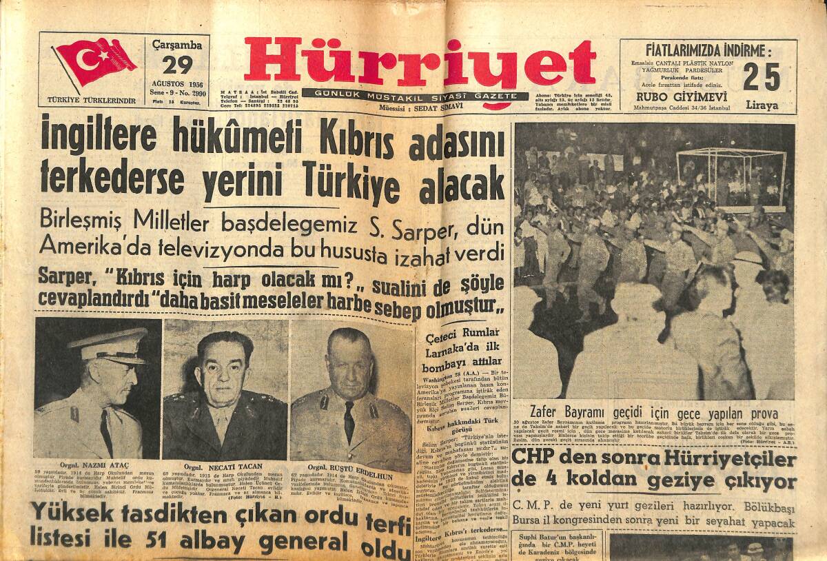 Hürriyet Gazetesi 29 Ağustos 1956 - İngiltere Hükümeti Kıbrıs Adasını Terk Ederse Yerini Türkiye Alacak GZ146920 - 1