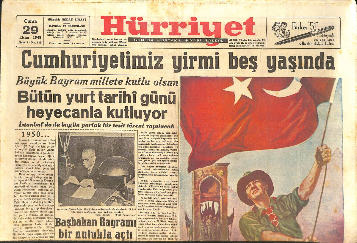 Hürriyet Gazetesi 29 Ekim 1948 - Cumhuriyetimiz 25 Yaşında - Başbakan Hasan Saka Bayramı Bir Nutukla Açtı GZ146629 - 1