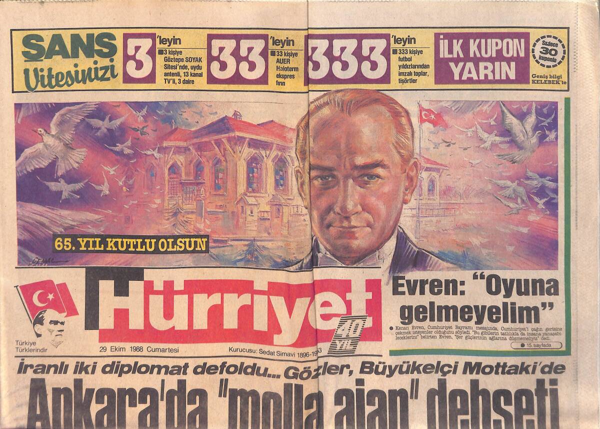 Hürriyet Gazetesi 29 Ekim 1988 - 65. Yıl Kutlu Olsun - İranlı İki Diplomat Ülkeden Kovuldu - Tanju Ömür Boyu Galatasaray'da - Ankara'da Ajan Dehşeti GZ155900 - 1