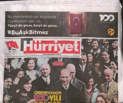 Hürriyet Gazetesi 29 Ekim 2023 - Cumhuriyetimizin 100. Yılı Kutlu Olsun GZ131079 - Gökçekoleksiyon