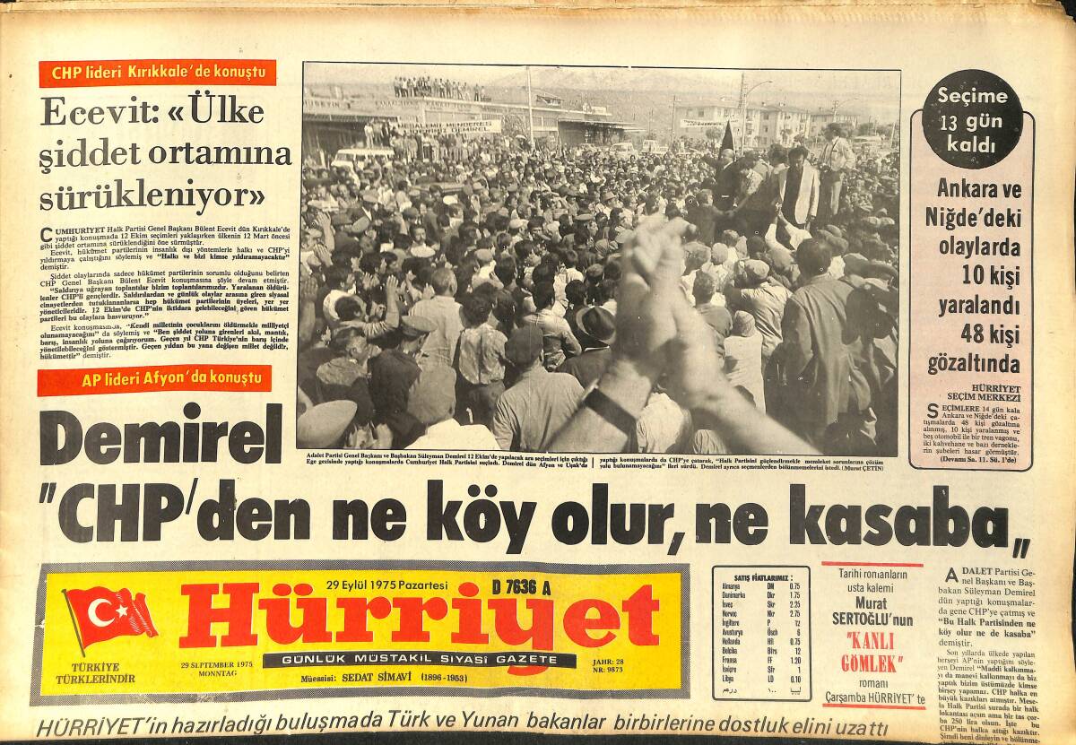 Hürriyet Gazetesi 29 Eylül 1975 - Demirel: CHP'den Ne Köy Olur Ne Kasaba - Rıfkı Danışman Münih'te Dert Dinledi GZ157550 - 1