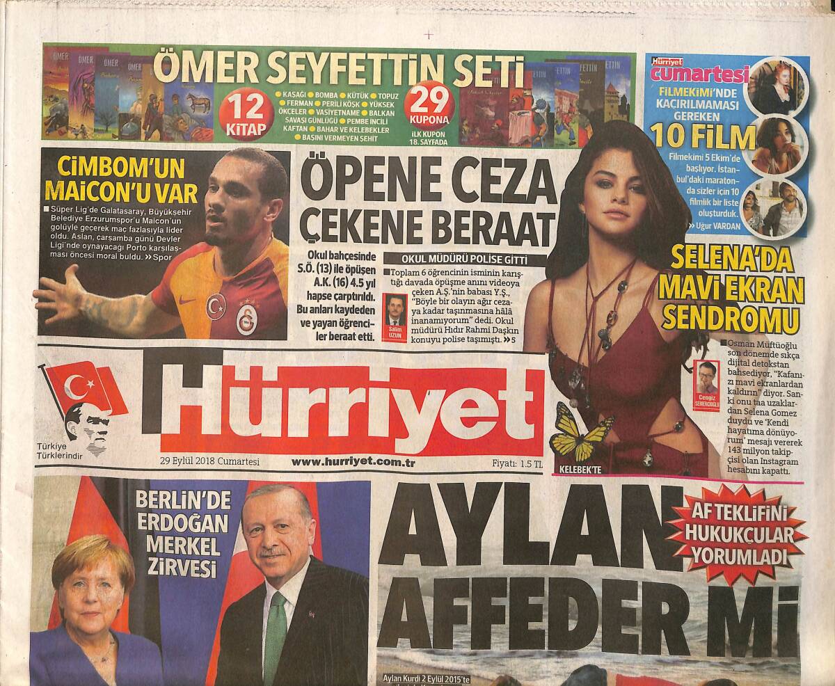 Hürriyet Gazetesi 29 Eylül 2018 - Fatih Terim'den Feghouli Sürprizi - Berlin'de Erdoğan Merkel Zirvesi GZ154222 - 1