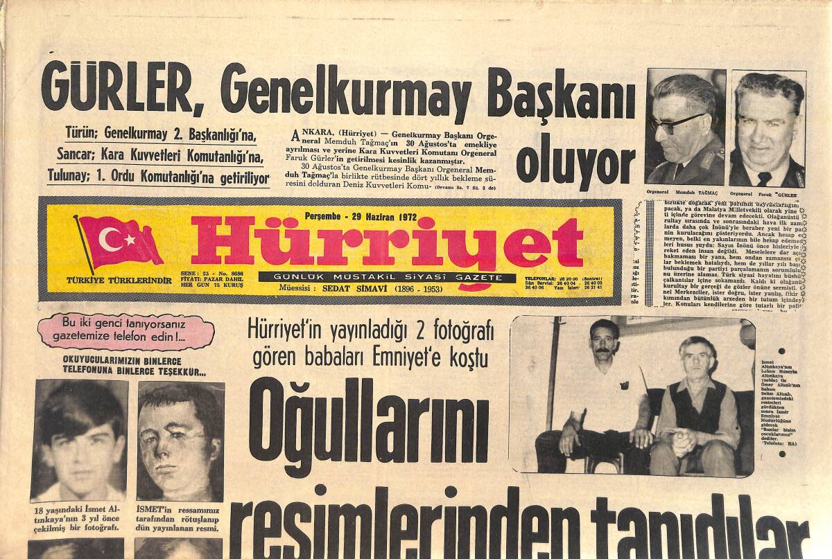 Hürriyet Gazetesi 29 Haziran 1972 - Gürler Genelkurmay Başkanı Oluyor - Ayhan Işık Kovboy Oldu GZ156666 - 1