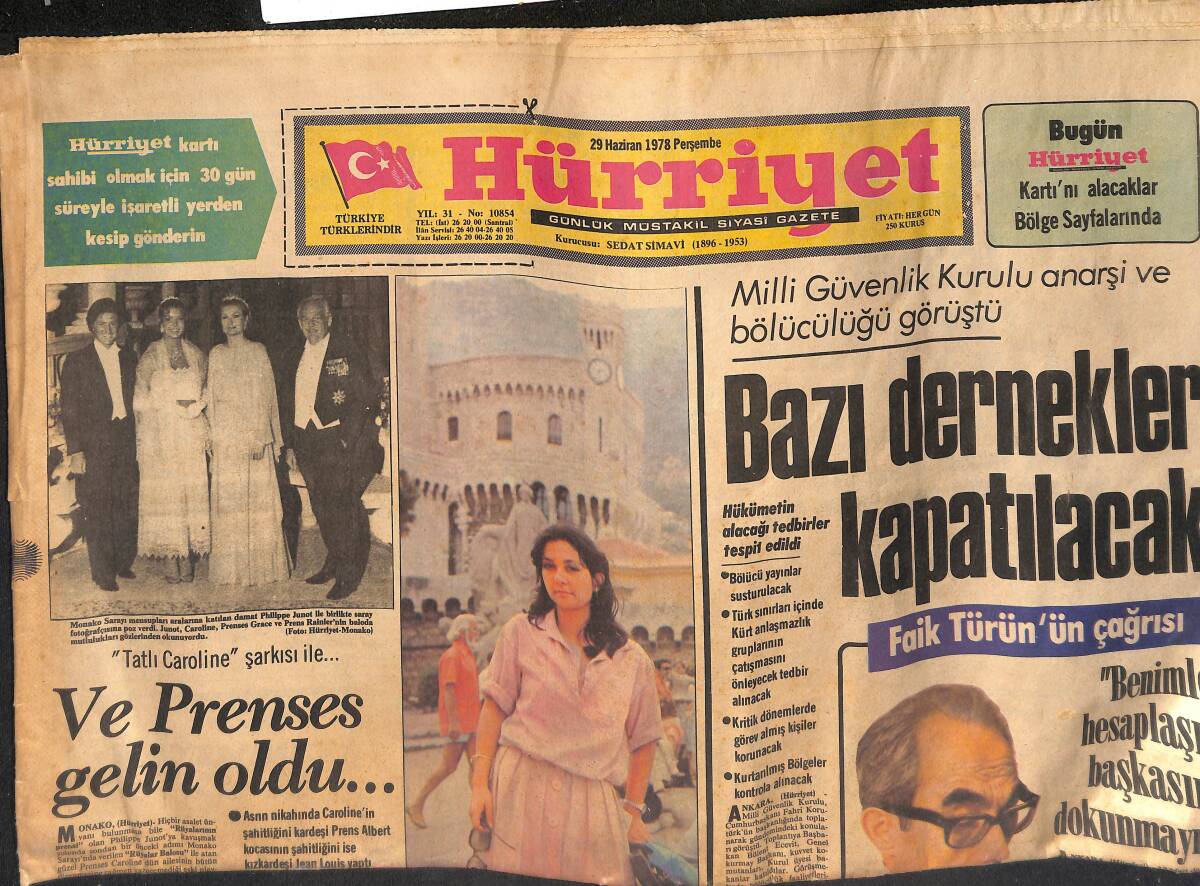 Hürriyet Gazetesi 29 Haziran 1978 - Ve Prenses Gelin Oldu; Prenses Grace ve Prens Rainler - Emel Sayın Selçuk Aslanla Olan Aşkı GZ132780 - 1