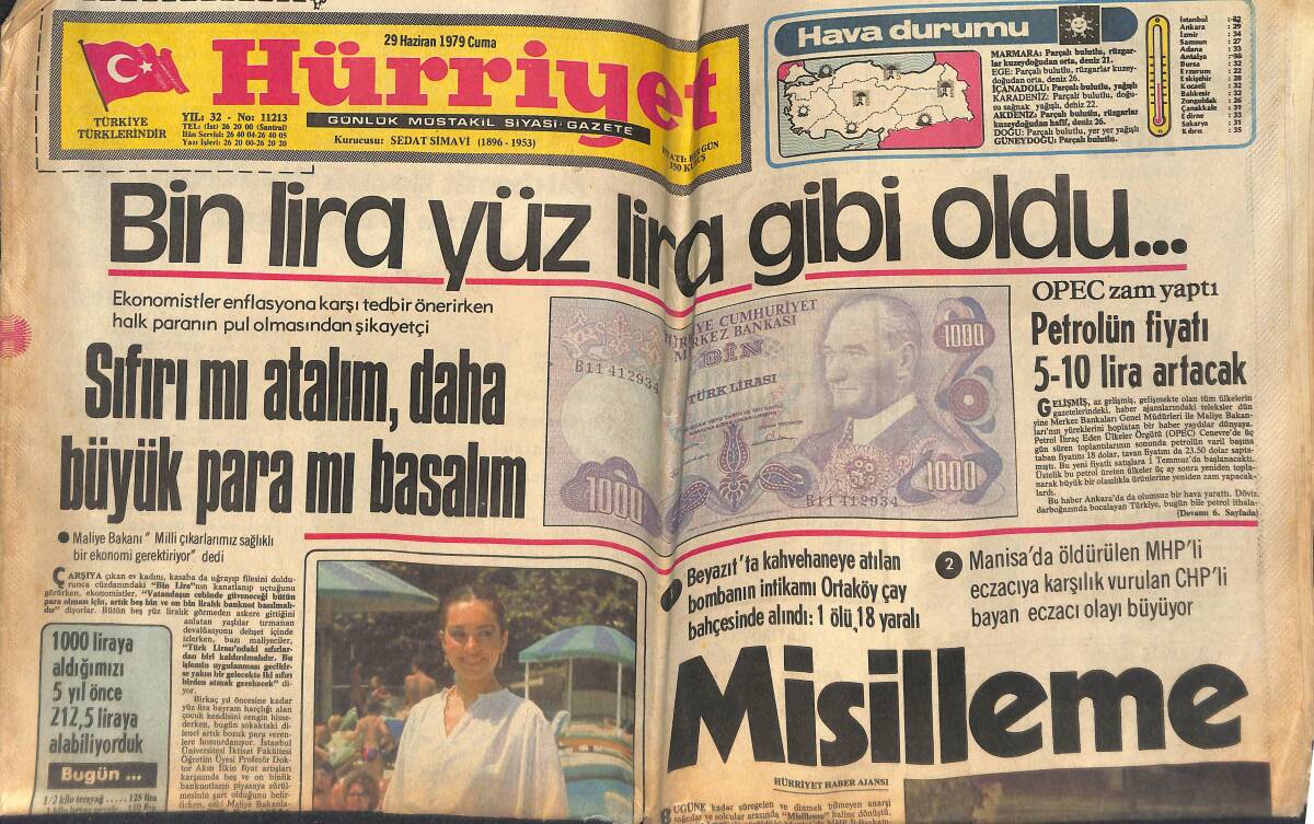 Hürriyet Gazetesi 29 Haziran 1979 - Bin Lira Yüz Lira Oldu - Suriye'de 15 Kişi İdam Edildi GZ133488 - 1