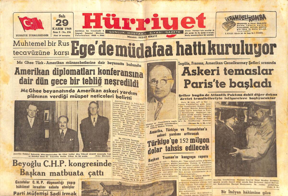 Hürriyet Gazetesi 29 Kasım 1949 - Ege'de Müdafaa Hattı Kuruluyor - Liverpool'lu Bir Genç İslam Dinini Kabul Edip Sünnet Oldu GZ146627 - 1