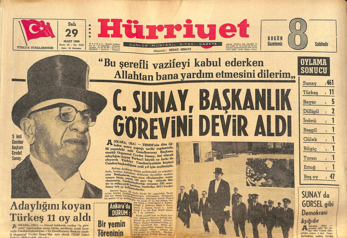 Hürriyet Gazetesi 29 Mart 1966 - C.Sunay , Başkanlık Görevini Devir Aldı - Adaylığını Koyan Türkeş 11 Oy Aldı GZ142375 - 1