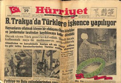 Hürriyet Gazetesi 29 Mayıs 1957 - B. Trakyada Türklere İşkence Yapılıyor GZ68837 - 1