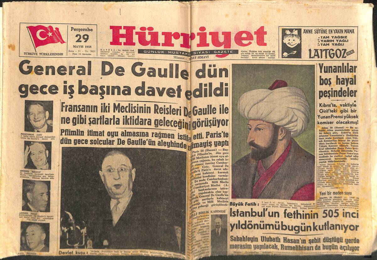 Hürriyet Gazetesi 29 Mayıs 1958 - Denizcilik Bankası Üsküdar Vapurunun Teslimini İstiyor - General De Gaulle Dün Gece İş Başına Davet Edildi GZ141984 - 1