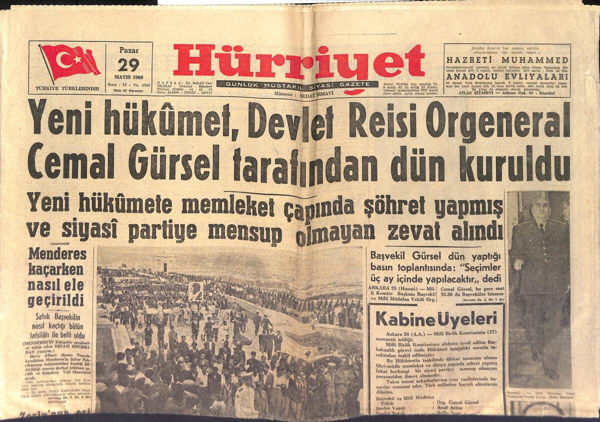 Hürriyet Gazetesi 29 Mayıs 1960 - Celâl Bayar İstifa Etti - Menderes Kaçarken Nasıl Ele Geçirildi ? GZ153997 - 1