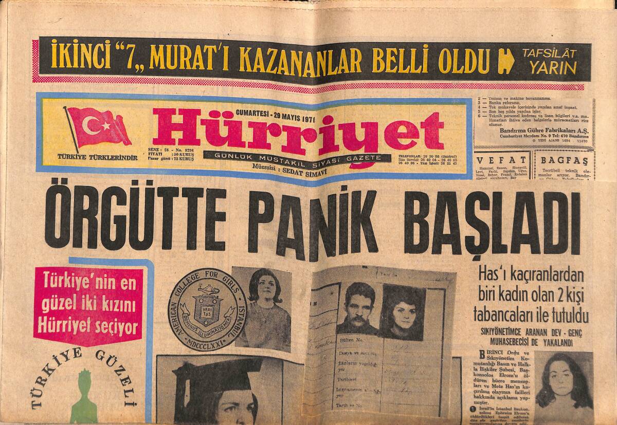 Hürriyet Gazetesi 29 Mayıs 1971 - Örgütte Panik Başladı - Fethin 518. Yılı Bugün Kutlanıyor GZ149584 - 1