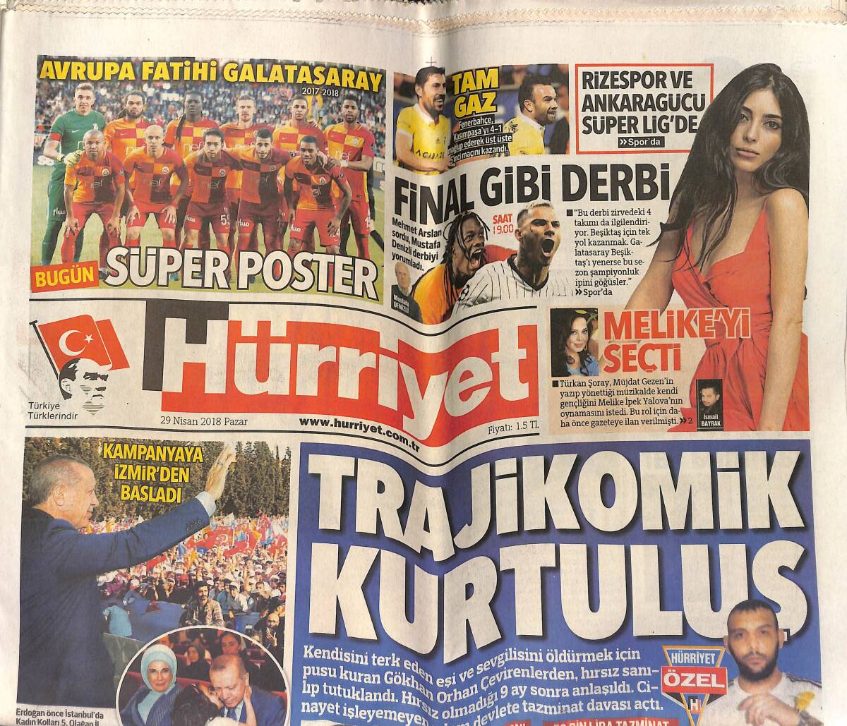 Hürriyet Gazetesi 29 Nisan 2018 - Sultan Bulundu - Galatasaray Beşiktaş'ı Yenerse Şampiyon Olur GZ153327 - 1