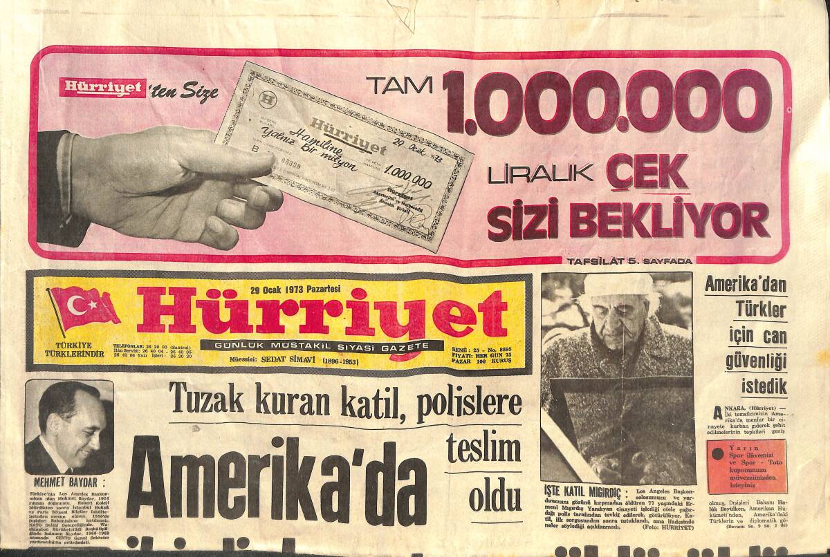 Hürriyet Gazetesi 29 Ocak 1973 - Amerika'da İki Diplomatımız Öldürüldü - Vietnam'da Ateşkes İlan Edildi! GZ142477 - 1