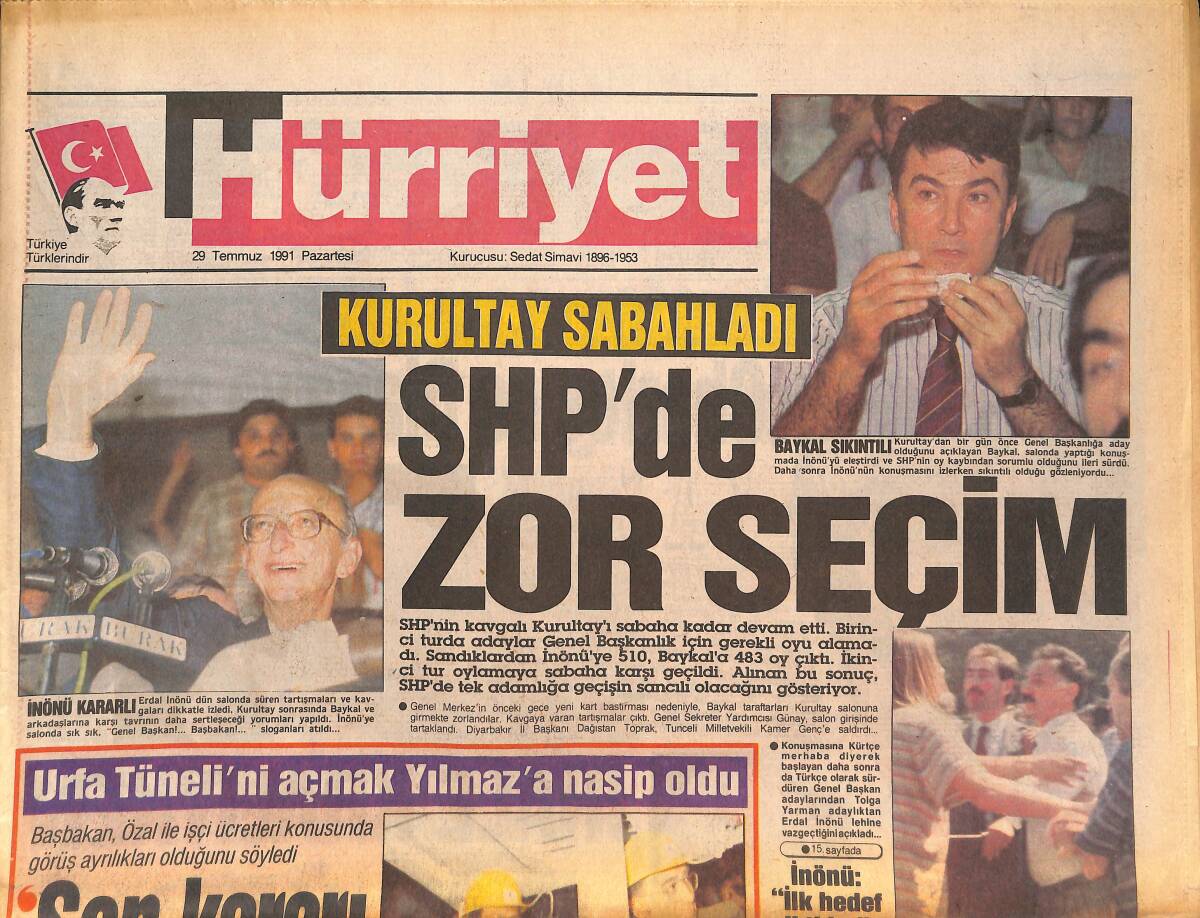 Hürriyet Gazetesi 29 Temmuz 1991 - SHP'de Zor Seçim - Urfa Tüneli'ni Açmak Yılmaz'a Nasip Oldu GZ132944 - 1