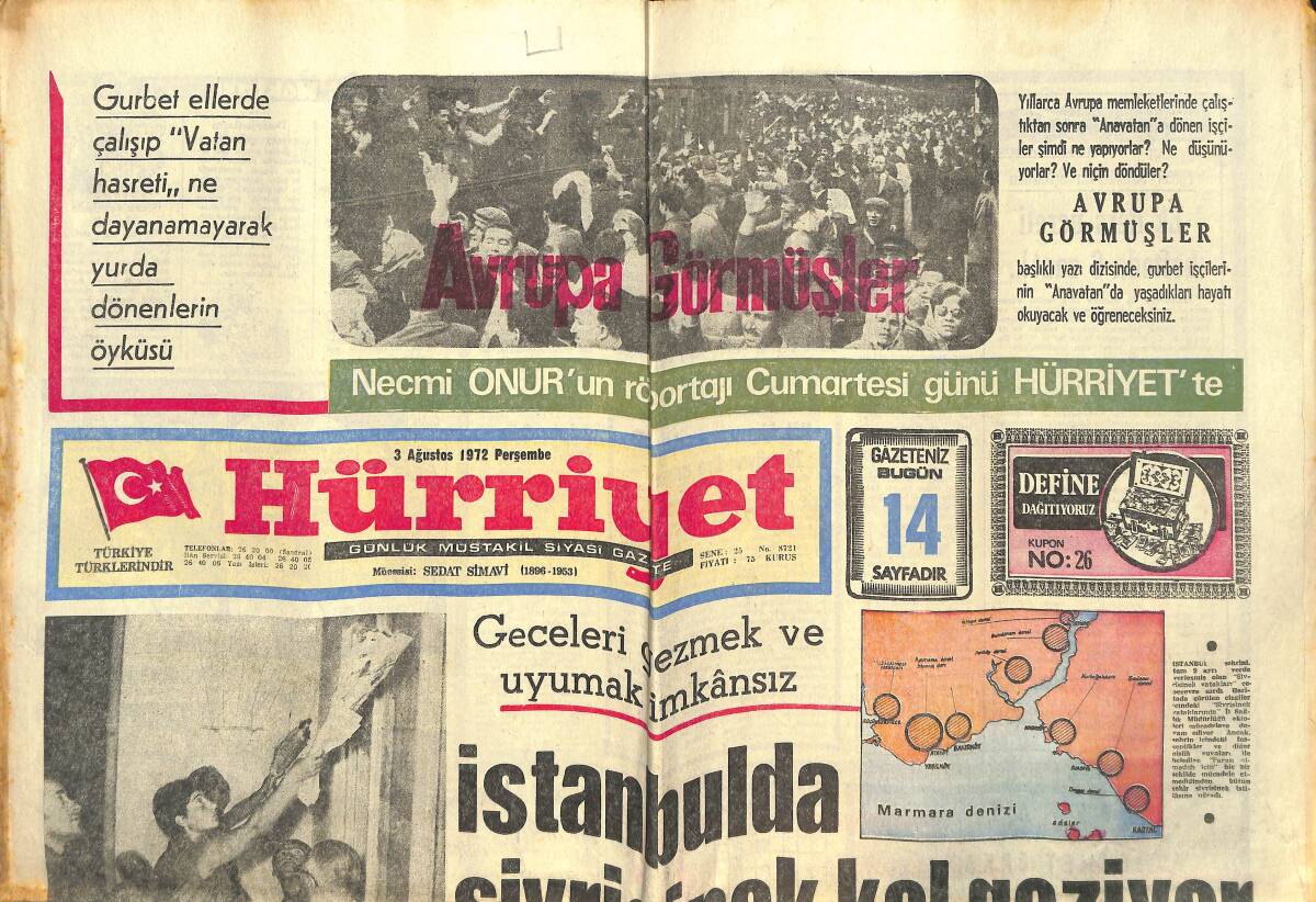 Hürriyet Gazetesi 3 Ağustos 1972 - Esrar Tekkesine Baskın - Belçikalı Çift Yatta Türk Usulü Evlendi! GZ142588 - 1