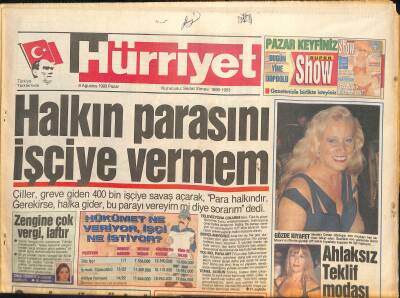 Hürriyet Gazetesi 3 Ağustos 1993 - İşçiyle Tansu Çiller Arasında Kavga, Sabahat Kot, Clinton, Buket Dereoğlu GZ126328 - 1