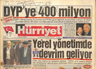Hürriyet Gazetesi 3 Ağustos 1993 - Koç - Sabancı Kavgası Büyüyor, Kral Hüseyin ve Kraliçe Nur, Erkekler Şurasında İlk Kadın Tansu Çiller GZ126327 - 1