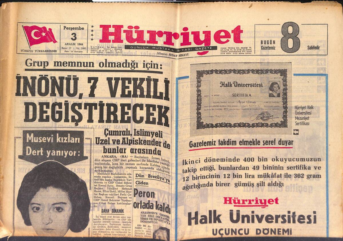 Hürriyet Gazetesi 3 Aralık 1964 - Atina'da Makarios'a Karşı Bir Suikast Meydana Çıkarılmış GZ147008 - 1