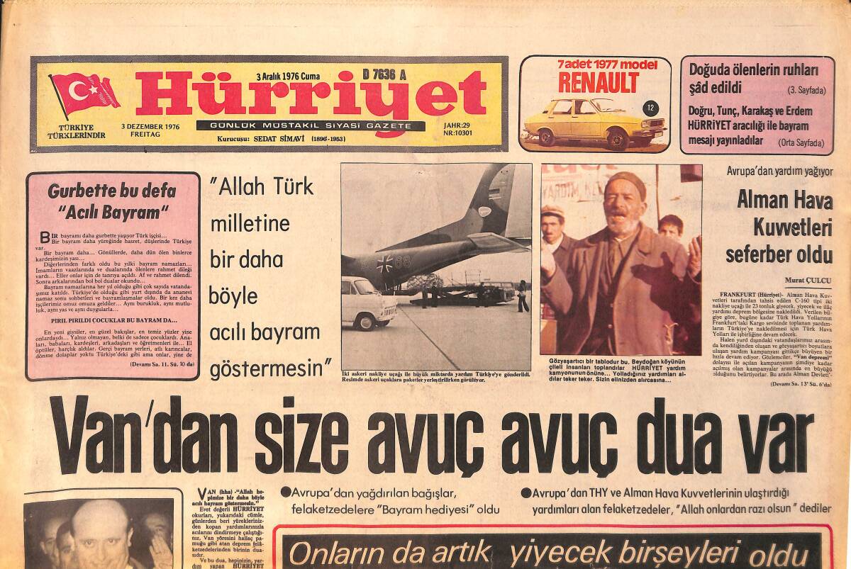Hürriyet Gazetesi 3 Aralık 1976 - Van'da Acılı Bayram Türkiye'ye Van'da Yaşanan Depremden Dolayı Yardım Yağıyor - Fenerbahçe, Kupayı Tehlikeye Soktu GZ158237 - 1