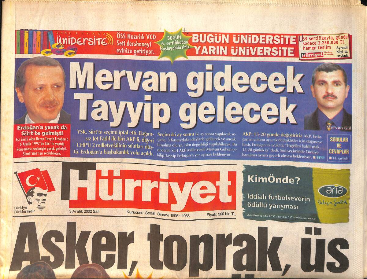 Hürriyet Gazetesi 3 Aralık 2002 - Irak'ta Kartlar Açılıyor - Erdoğan'a Yasak da Siirt'te Gelmişti GZ159591 - 1