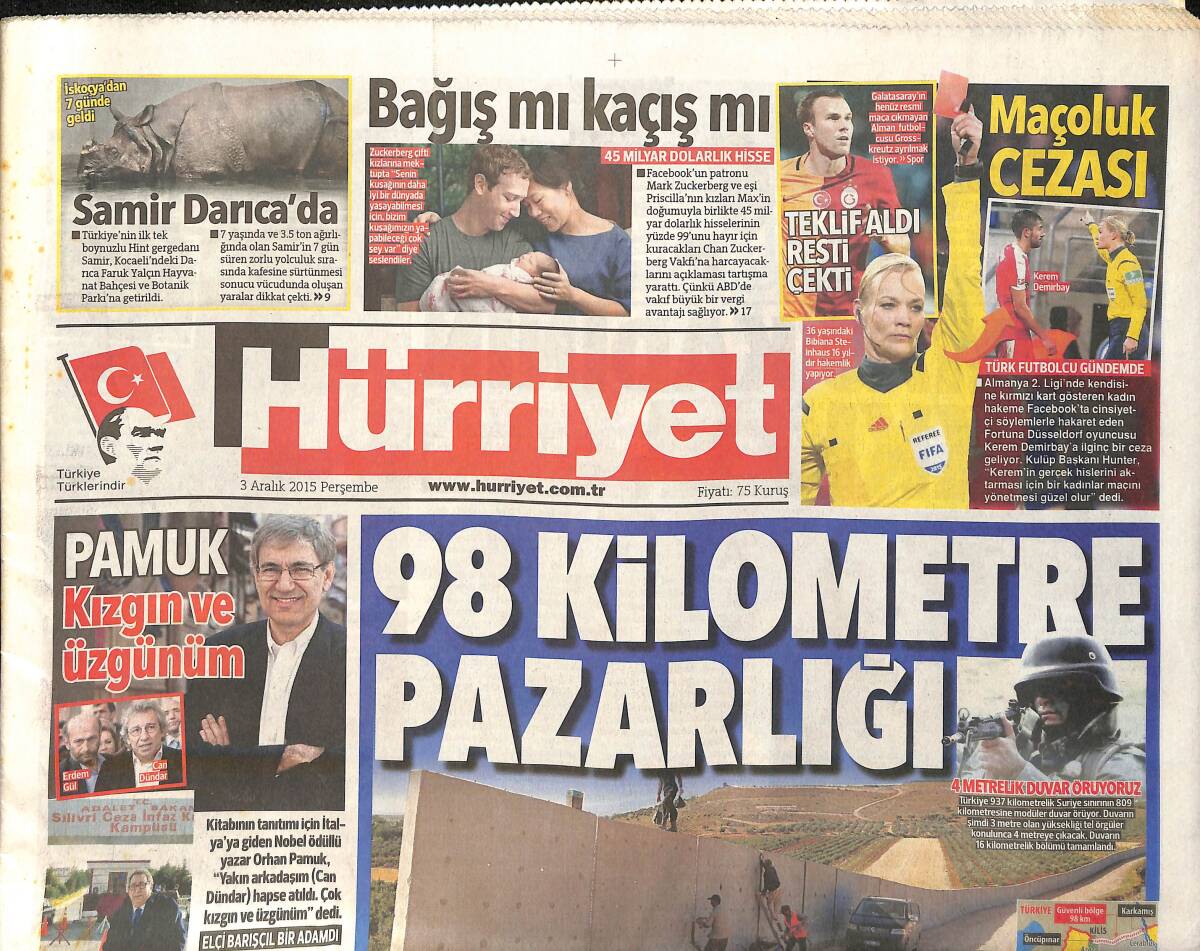 Hürriyet Gazetesi 3 Aralık 2015 - Rusya'dan Yeni Petrol İddiası - Orhan Pamuk ''Kızgın Ve Üzgünüm GZ159590 - 1