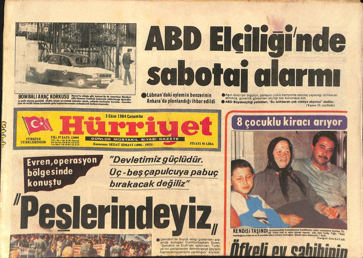 Hürriyet Gazetesi 3 Ekim 1984 - Vefasız Liz! - Dev Brando İnziva'dan Çıktı - ABD Elçiliği'nde Sabotaj Alarmı GZ154659 - 1