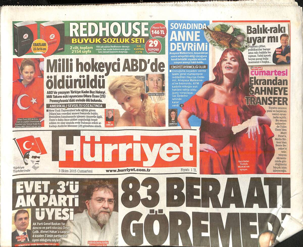 Hürriyet Gazetesi 3 Ekim 2015 - Milli Hokeyci ABD'de Öldürüldü - Rusya'nın Sınırı Yok Niye Devrede GZ159624 - 1