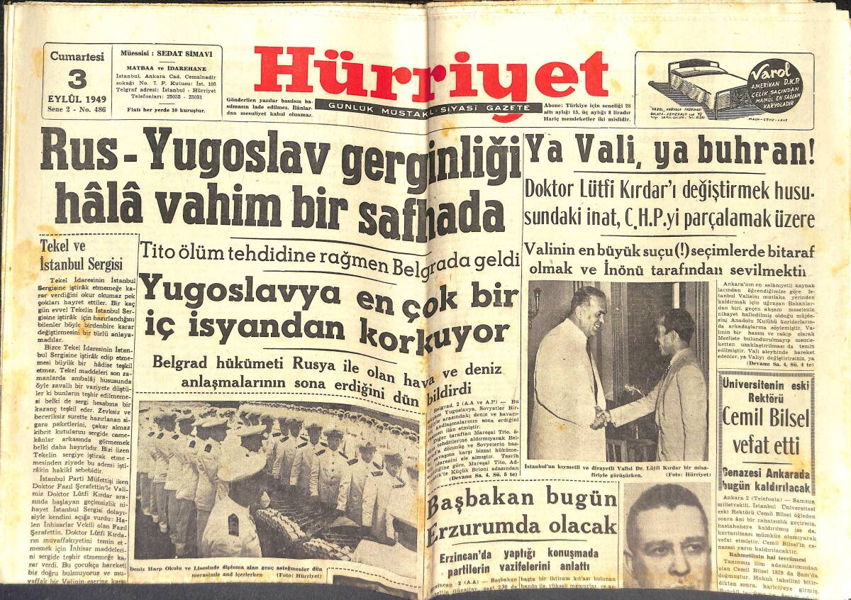 Hürriyet Gazetesi 3 Eylül 1949 - Rus-Yugoslav Gerginliği Hala Vahim Bir Safhada - Afrika İçlerinde Türk Bayrağı GZ142341 - 1