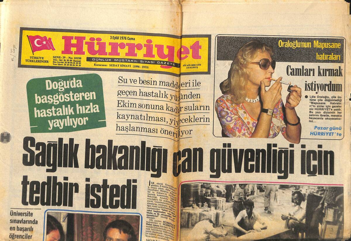 Hürriyet Gazetesi 3 Eylül 1976 - Doğu'da Başgösteren Hastalık Hızla Yayılıyor - Nilüfer'in Aşkı Bitti - Muhammed Ali İle Norton Ağız Kavgası Yapıyor GZ140459 - 1