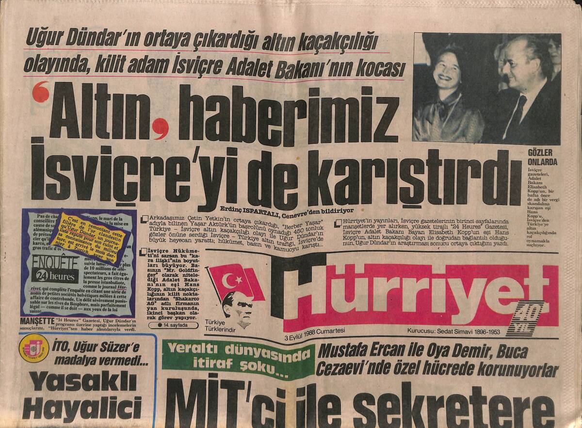 Hürriyet Gazetesi 3 Eylül 1988 - Papandreu'nun Kalbine Domuz Kapakçığı - Kaçak Hayalici Ertan Sert Tutuklandı GZ149565 - 1