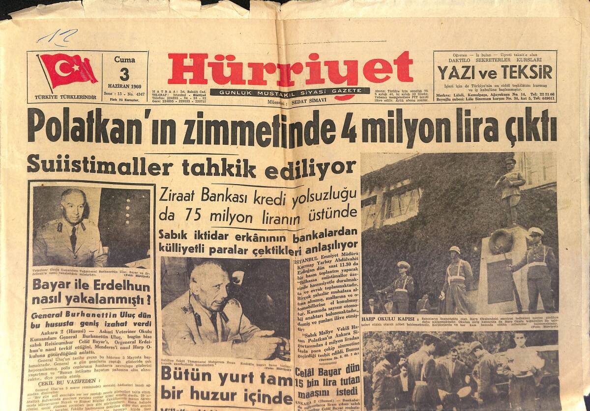 Hürriyet Gazetesi 3 Haziran 1960 - Polatkan'ın Zimmetinde 4 Milyon Lira Çıktı - Menderes Pusulayı Şaşırtmıştı GZ154005 - 1