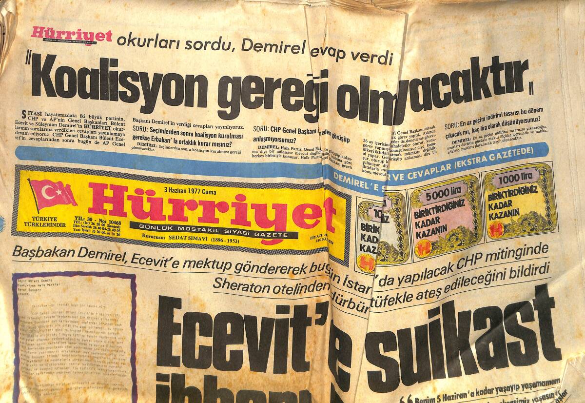 Hürriyet Gazetesi 3 Haziran 1977 - Ecevit'e Suikast İhbarı - CHP İstanbul'da Bugün Miting Yapıyor GZ133388 - 1