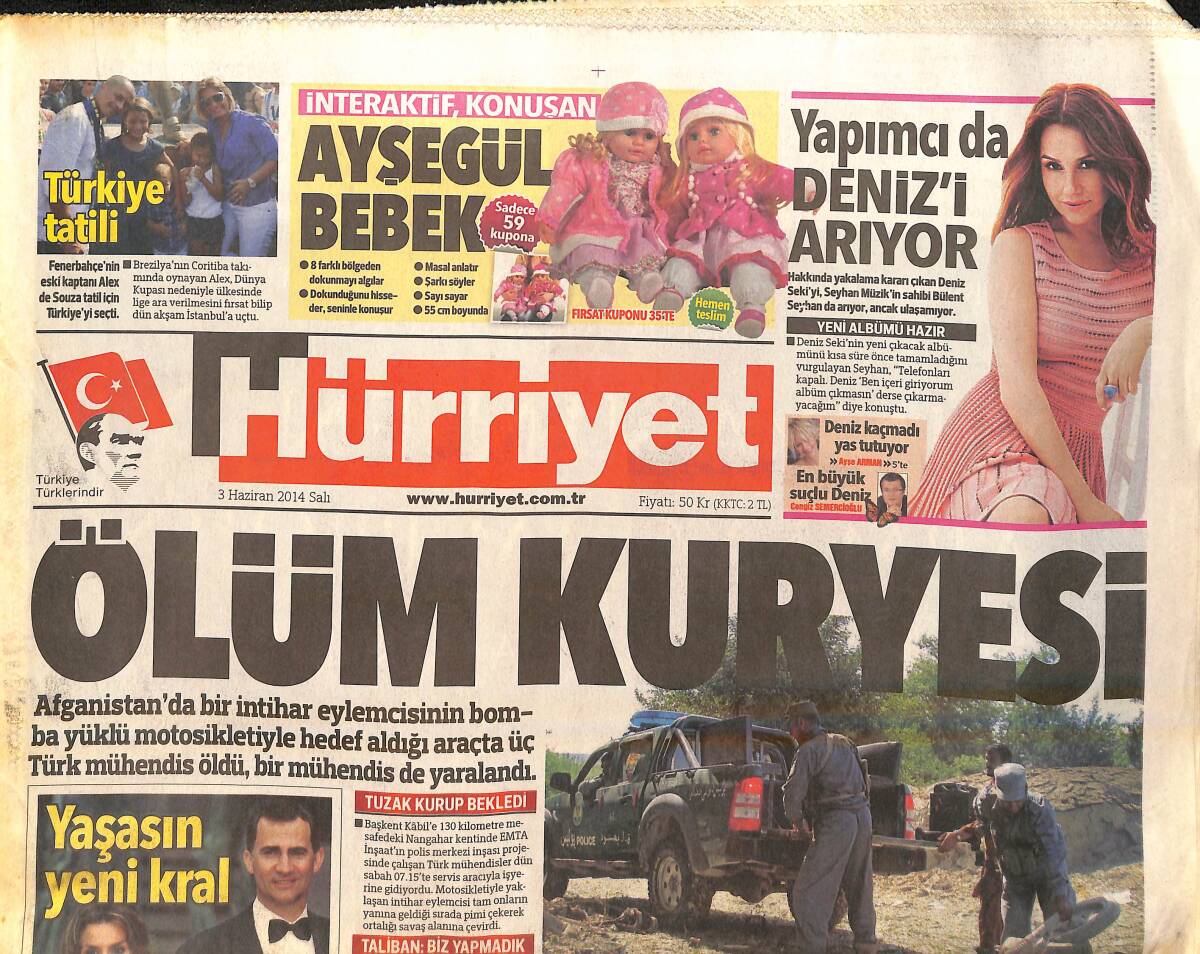 Hürriyet Gazetesi 3 Haziran 2014 - Afganistan'da Bir İntihar Eylemcisinin Bomba Yüklü Motosikletiyle Hedef Aldığı Araçta 3 Türk Mühendis Öldü GZ159614 - 1