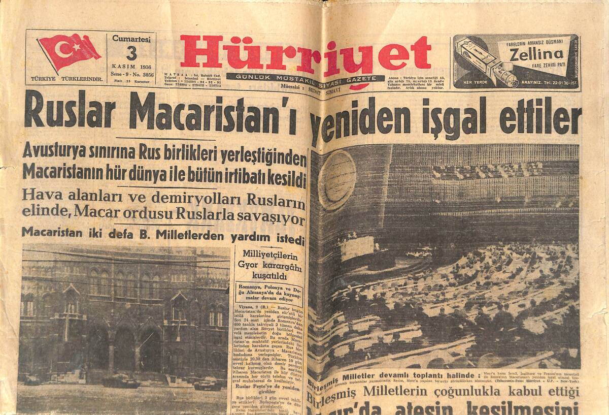 Hürriyet Gazetesi 3 Kasım 1956 - Ruslar Macaristan'ı Yeniden İşgal Ettiler - Gülek Otomobili İle Bir Şahsın Ölümüne Sebep Oldu GZ141715 - 1