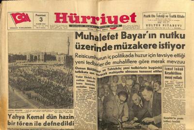 Hürriyet Gazetesi 3 Kasım 1958 - Yahya Kemal Dün Hazin Bir Tören İle Defnedildi GZ72641 - 2