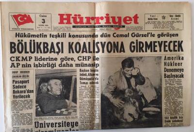 Hürriyet Gazetesi 3 Kasım 1961 - Bölükbaşı Koalisyona Giremeyecek , Amerika Nükleer Denemeye Başlayacak - GZ16456 - 2