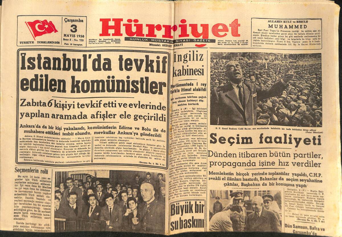 Hürriyet Gazetesi 3 Mayıs 1950 - İstanbul'da Tevkif Edilen Komünistler - Necip Fazıl'ın Muhakemesi - Radyoevi Hadisesi GZ146671 - 1