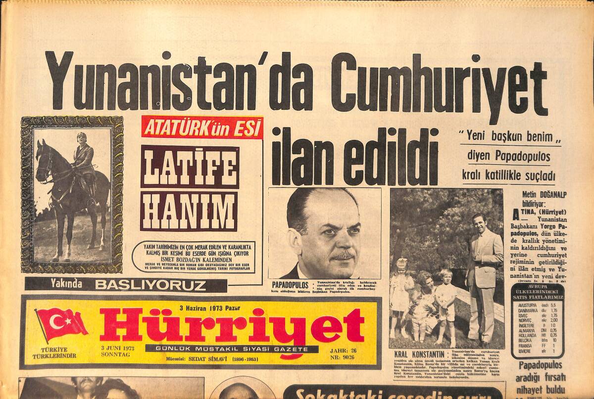 Hürriyet Gazetesi 3 Mayıs 1973 - Yunanistan'da Cumhuriyet İlan Edildi - Antalya 10. Film Festivali Başladı GZ158302 - 1