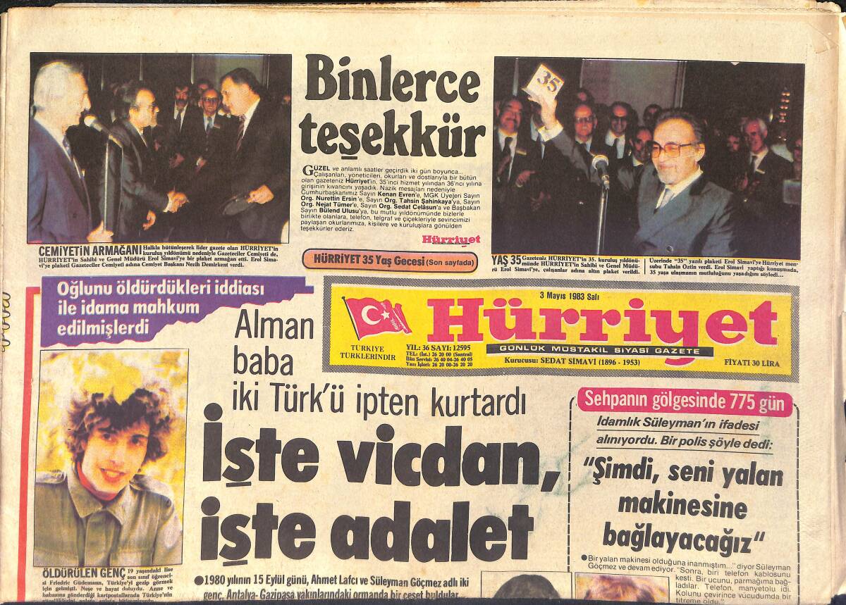 Hürriyet Gazetesi 3 Mayıs 1983 - Hürriyet 35 Yaş Gecesi - Alman Baba İki Türk'ü İpten Kurtardı GZ4150 - 1