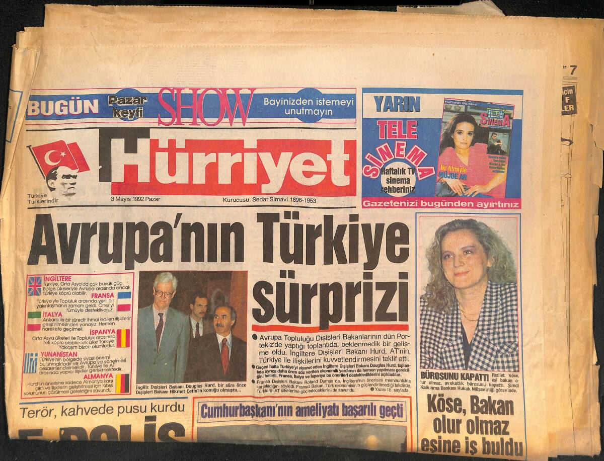 Hürriyet Gazetesi 3 Mayıs 1992 - Özal , Kanserli Urdan Kurtuldu - Türkmen Doğalgazını Avrupa'ya Taşıyacağız GZ134212 - 1