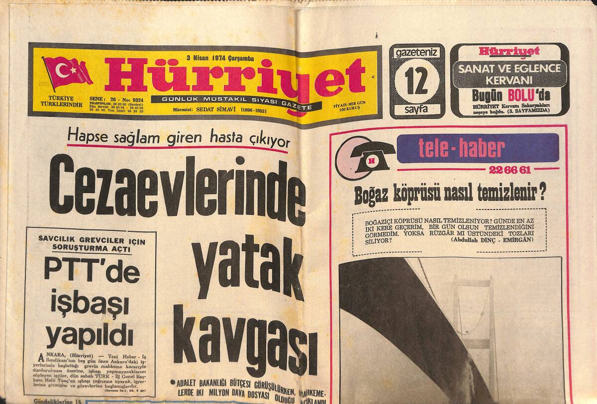 Hürriyet Gazetesi 3 Nisan 1974 - Cezaevlerinde Yatak Kavgası - Senatör Peker İle Arkadaşı Kazada Öldü GZ146506 - 1