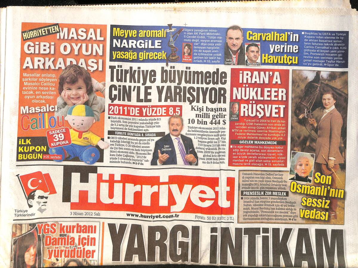 Hürriyet Gazetesi 3 Nisan 2012 - İran'a Nükleer Rüşvet - Esad Annan'a Tarih Verdi 10 Nisan - Kazablanka 70 Yaşında GZ160097 - 1