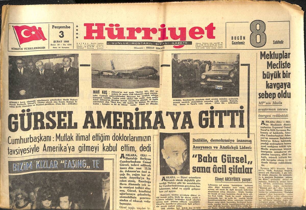 Hürriyet Gazetesi 3 Şubat 1966 - Cemal Gürsel Amerika'ya Gitti - Fenerbahçe Vefa'dan Çekiliyor - 'Bizim Kızlar Faşing'Te' GZ142228 - 1