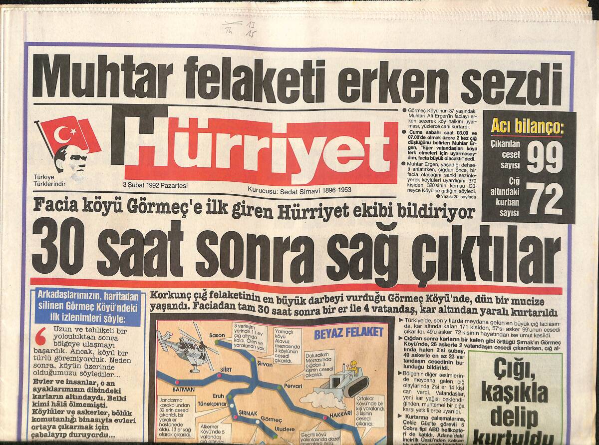 Hürriyet Gazetesi 3 Şubat 1992 - Son Gülen Galatasaray - Güneydoğu Afet Bölgesi GZ157912 - 1