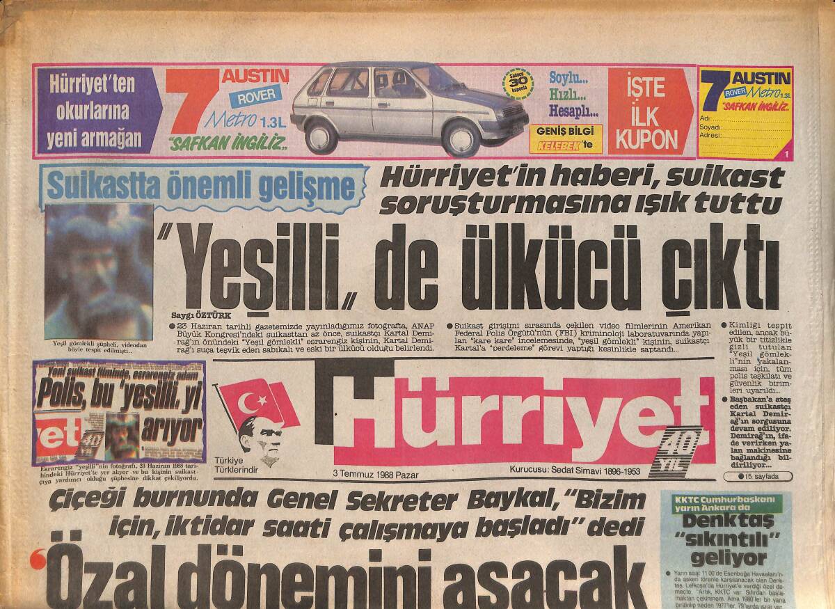 Hürriyet Gazetesi 3 Temmuz 1988 - Özal Dönemini Aşacak Güç, SHP'dir - Fenerbahçe'den Taraftarına Müjde 