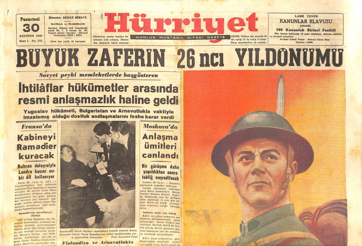 Hürriyet Gazetesi 30 Ağustos 1948 - Büyük Zafer'in 26. Yıldönümü - Sovyet Rusya Berlin'de Seçim Yaptırmıyor GZ146751 - 1