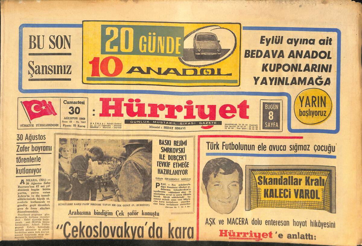 Hürriyet Gazetesi 30 Ağustos 1969 - Skandallar Kralı Kaleci Varol - 27 Futbolcu Milli Takım Çalışmalarına Katılamıyor! GZ145675 - 1