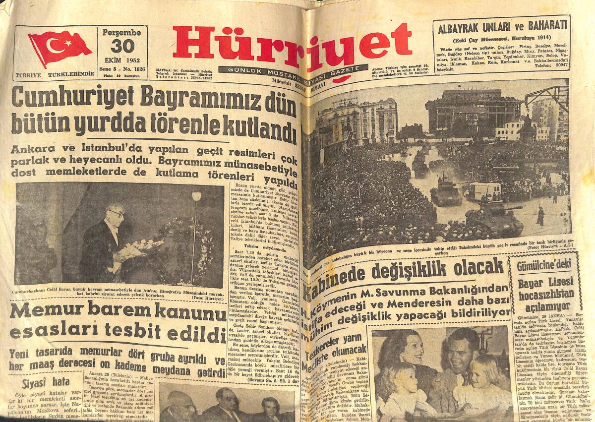 Hürriyet Gazetesi 30 Ekim 1952 - Memur Barem Kanunu Esasları Tesbit Edildi - Irak'ta İran'dakine Benzer Hava Esiyor GZ142032 - 1